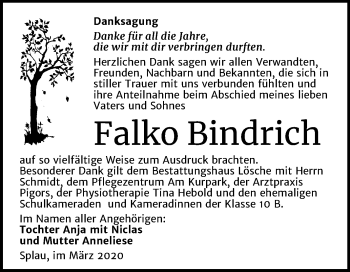 Traueranzeige von Falko Bindrich von Super Sonntag Wittenberg