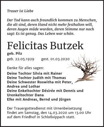 Traueranzeige von Felicitas Butzek von Mitteldeutsche Zeitung Wittenberg