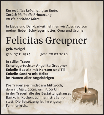 Traueranzeige von Felicitas Greupner von Mitteldeutsche Zeitung Köthen