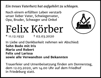 Traueranzeige von Felix Körber von Wochenspiegel Mansfelder Land