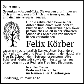 Traueranzeige von Felix Körber von Super Sonntag Mansfelder Land