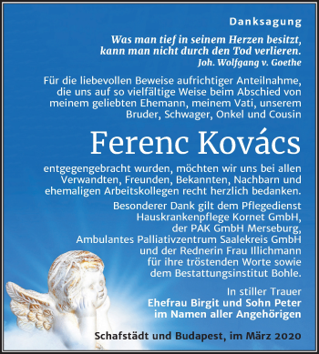 Traueranzeige von Ferenc Kovàcs von Super Sonntag Merseburg/Querfurt