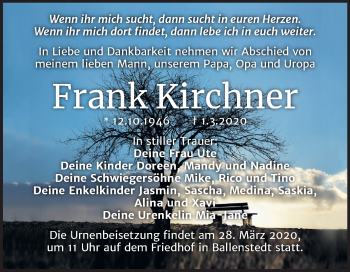 Traueranzeige von Frank Kirchner von Mitteldeutsche Zeitung Quedlinburg