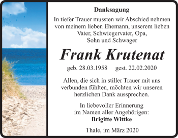 Traueranzeige von Frank Krutenat von Mitteldeutsche Zeitung Quedlinburg