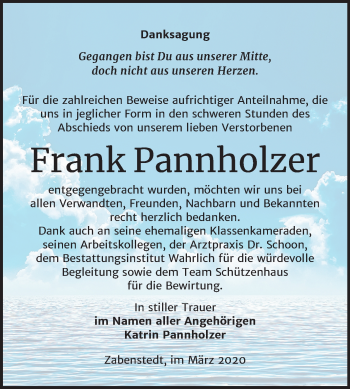 Traueranzeige von Frank Pannholzer von Mitteldeutsche Zeitung Mansfelder Land