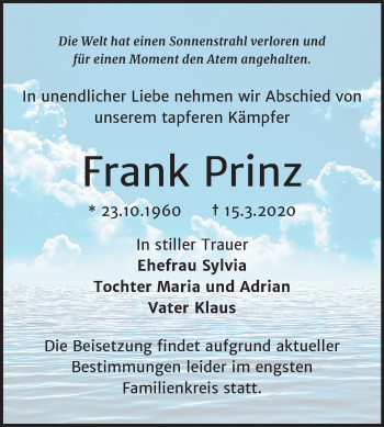 Traueranzeige von Frank Prinz von Mitteldeutsche Zeitung Halle/Saalkreis