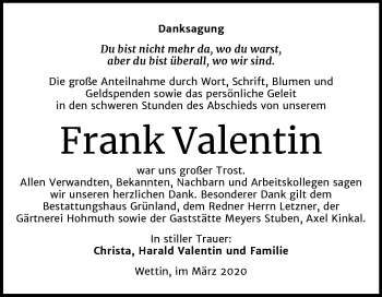 Traueranzeige von Frank Valentin von Mitteldeutsche Zeitung Halle/Saalkreis