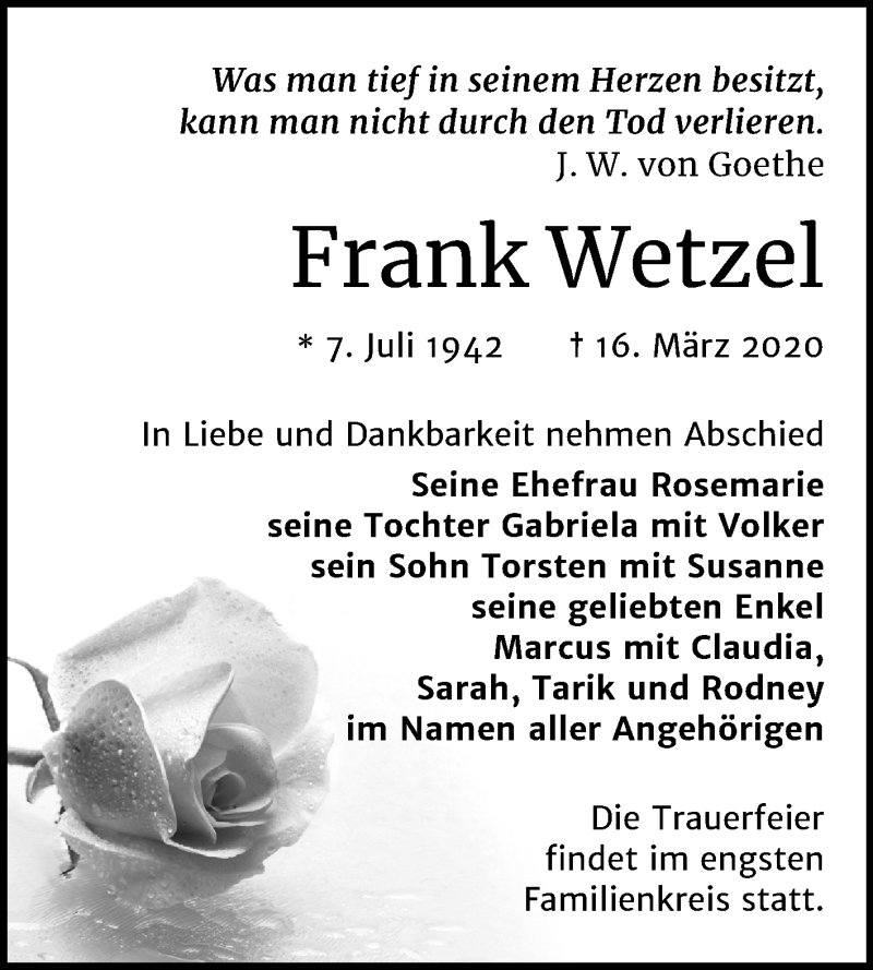  Traueranzeige für Frank Wetzel vom 21.03.2020 aus Super Sonntag Naumburg/Nebra
