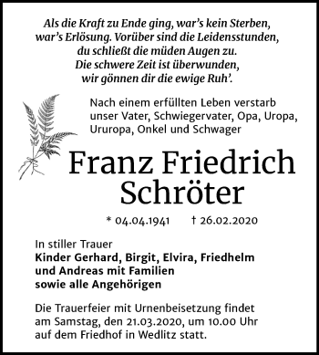 Traueranzeige von Franz Friedrich Schröter von Super Sonntag Bernburg