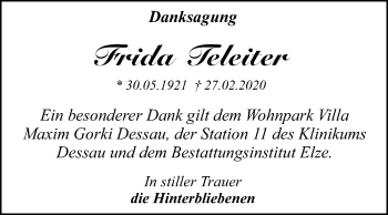 Traueranzeige von Frida Teleiter von Mitteldeutsche Zeitung Dessau-Roßlau