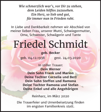 Traueranzeige von Friedel Schmidt von Super Sonntag Wittenberg