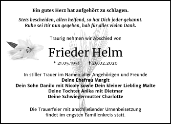 Traueranzeige von Frieder Helm von Mitteldeutsche Zeitung Dessau-Roßlau