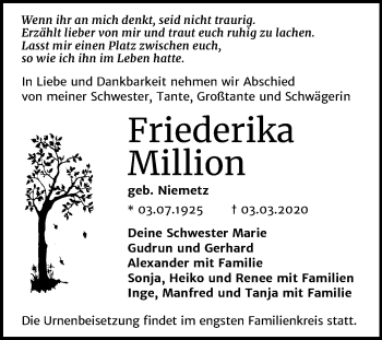 Traueranzeige von Friederika Million von Mitteldeutsche Zeitung Bitterfeld