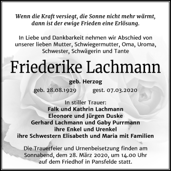 Traueranzeige von Friederike Lachmann von Super Sonntag Quedlinburg