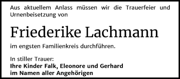 Traueranzeige von Friederike Lachmann von Mitteldeutsche Zeitung Quedlinburg