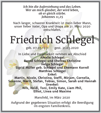 Traueranzeige von Friedrich Schlegel von Super Sonntag Mansfelder Land