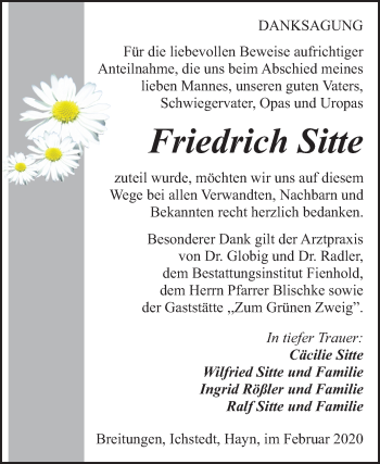 Traueranzeige von Friedrich Sitte von Wochenspiegel Sangerhausen
