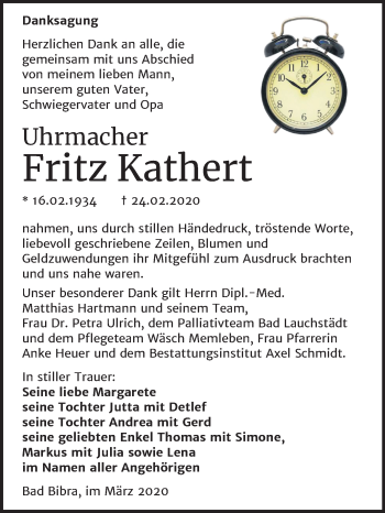 Traueranzeige von Fritz Kathert von Wochenspiegel Naumburg/Nebra