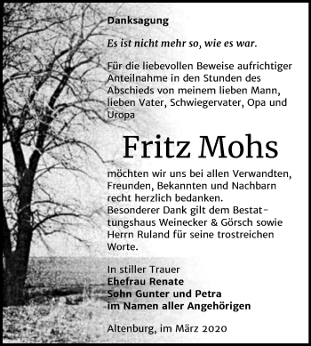 Traueranzeige von Fritz Mohs von Mitteldeutsche Zeitung Bernburg