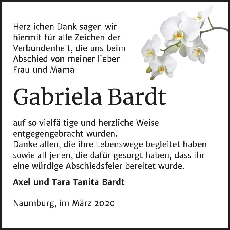  Traueranzeige für Gabriela Bardt vom 04.03.2020 aus Wochenspiegel Naumburg/Nebra