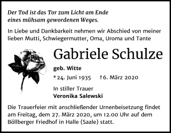Traueranzeige von Gabriele Schulze von Mitteldeutsche Zeitung Halle/Saalkreis