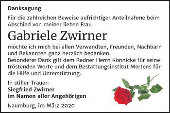 Traueranzeige von Gabriele Zwirner von Wochenspiegel Naumburg/Nebra