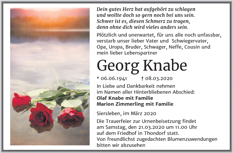  Traueranzeige für Georg Knabe vom 14.03.2020 aus Mitteldeutsche Zeitung Mansfelder Land