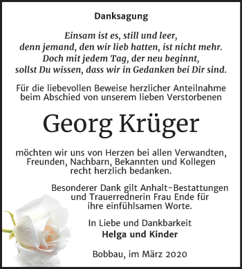 Traueranzeige von Georg Krüger von Mitteldeutsche Zeitung Bitterfeld