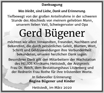 Traueranzeige von Gerd Bügener von Mitteldeutsche Zeitung Mansfelder Land