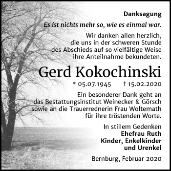 Traueranzeige von Gerd Kokochinski von Mitteldeutsche Zeitung Bernburg