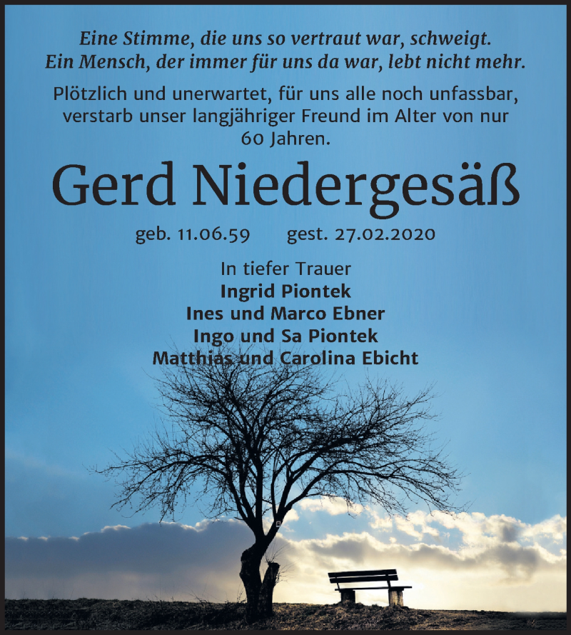  Traueranzeige für Gerd Niedergesäß vom 14.03.2020 aus Super Sonntag Zeitz
