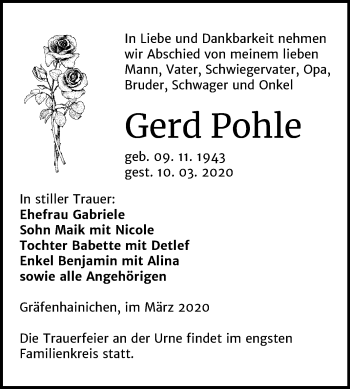 Traueranzeige von Gerd Pohle von Mitteldeutsche Zeitung Wittenberg