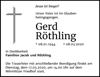 Traueranzeige von Gerd Röthling von Mitteldeutsche Zeitung Halle/Saalkreis