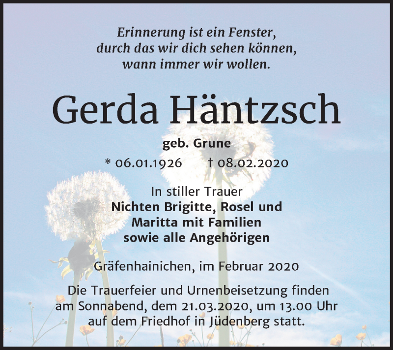 Traueranzeige für Gerda Häntzsch vom 07.03.2020 aus Mitteldeutsche Zeitung Wittenberg