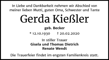 Traueranzeige von Gerda Kießler von Mitteldeutsche Zeitung Halle/Saalkreis