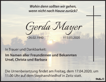 Traueranzeige von Gerda Mayer von Mitteldeutsche Zeitung Zeitz