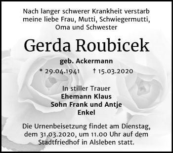 Traueranzeige von Gerda Roubicek von Mitteldeutsche Zeitung Bernburg