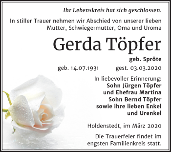 Traueranzeige von Gerda Töpfer von Mitteldeutsche Zeitung Sangerhausen