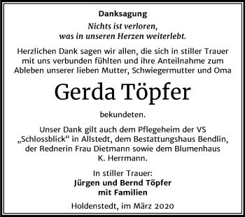 Traueranzeige von Gerda Töpfer von Super Sonntag Sangerhausen