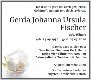Traueranzeige von Gerda Johanna Ursula Fischer von Mitteldeutsche Zeitung Sangerhausen