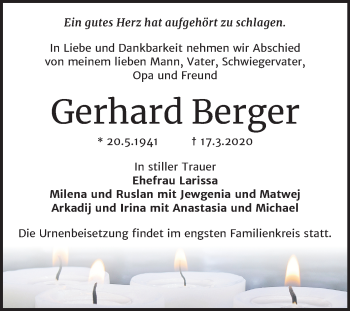 Traueranzeige von Gerhard Berger von Super Sonntag Köthen