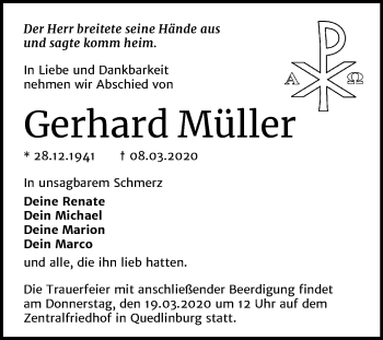 Traueranzeige von Gerhard Müller von Super Sonntag Quedlinburg