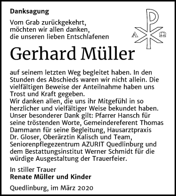 Traueranzeige von Gerhard Müller von Mitteldeutsche Zeitung Quedlinburg