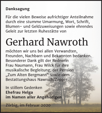 Traueranzeige von Gerhard Nawroth von Wochenspiegel Bitterfeld