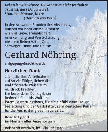 Traueranzeige von Gerhard Nöhring von Mitteldeutsche Zeitung Weißenfels