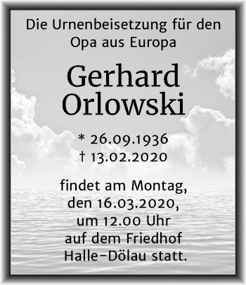 Traueranzeige von Gerhard Orlowski von Mitteldeutsche Zeitung Halle/Saalkreis