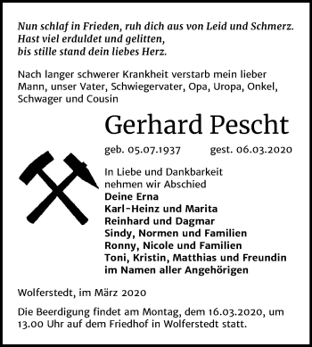 Traueranzeige von Gerhard Pescht von Mitteldeutsche Zeitung Sangerhausen