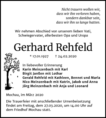 Traueranzeige von Gerhard Rehfeld von Super Sonntag Wittenberg