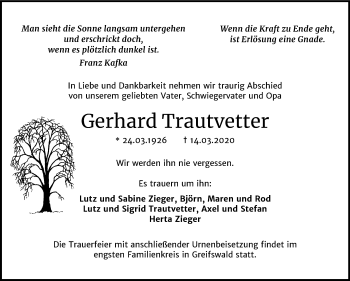 Traueranzeige von Gerhard Trautvetter von Mitteldeutsche Zeitung Quedlinburg