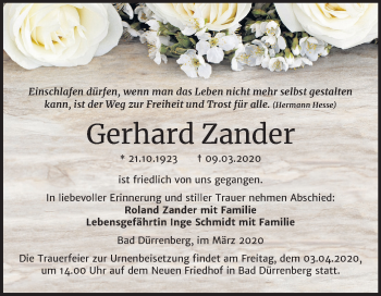 Traueranzeige von Gerhard Zander von Super Sonntag Merseburg/Querfurt